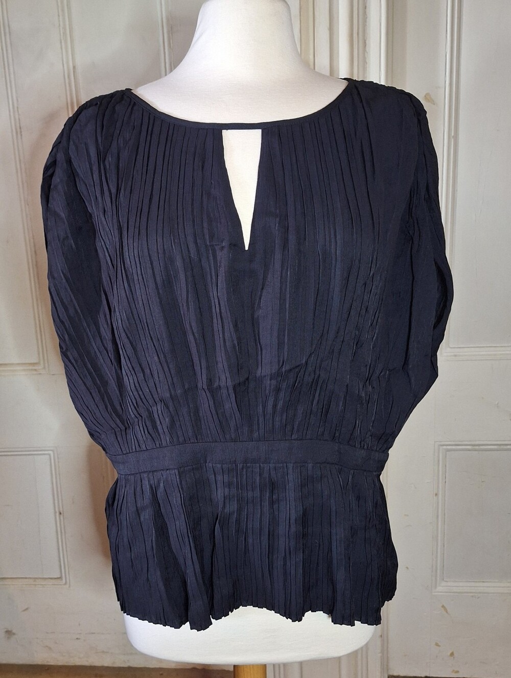 DKNY Black Pleated Peplum Ruched Waist Cap Sleeve Top Womens Size XL EUC